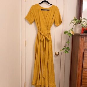 Golden linen wrap dress